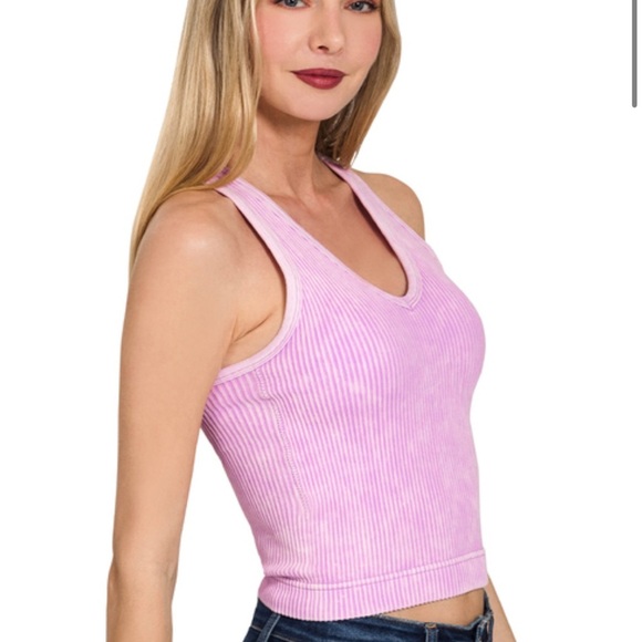 Zenana Outfitters Tops - NEW ZENANA WASHED RIBBED SEAMLESS BRA PADDED V-NECK TANK TOP B LAVENDER